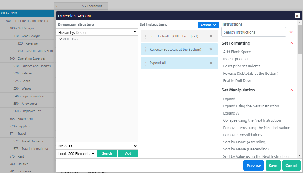 Editing instructions for Account Dimension