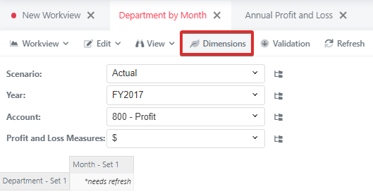 Manage (Toggle) Dimensions button