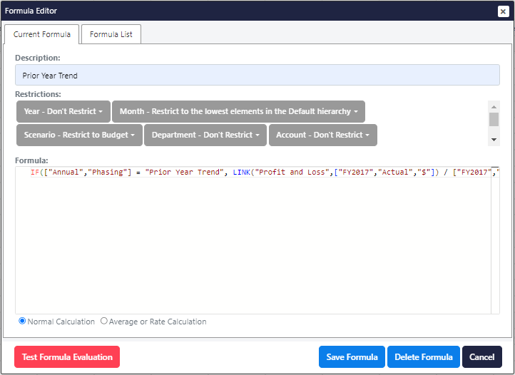 Prior Year Trend formula editor