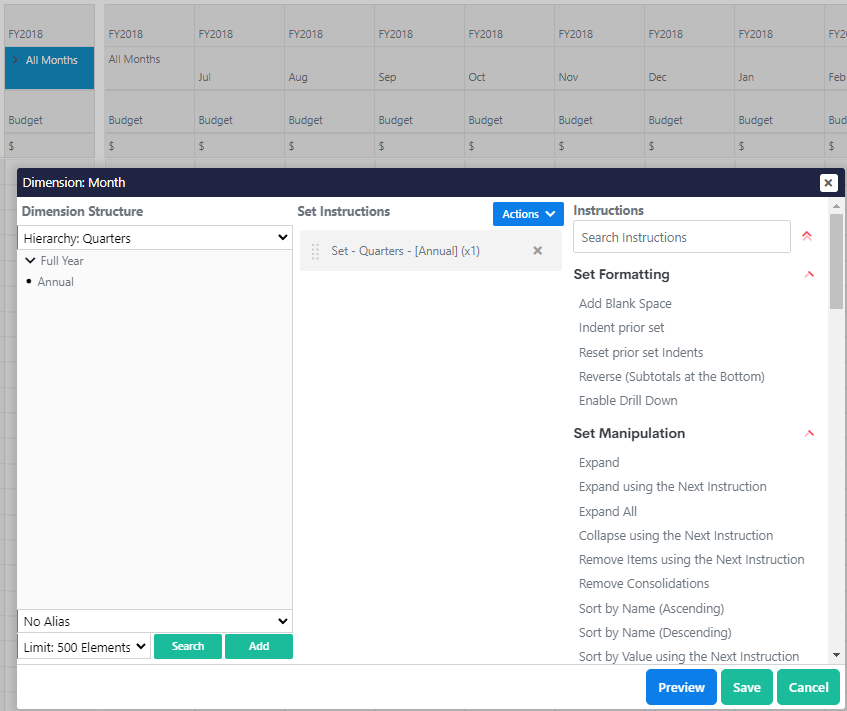 Remove existing set instruction and choosing Annual under Quarters