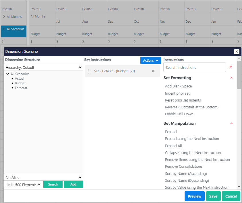 Remove existing set instruction and choosing Budget