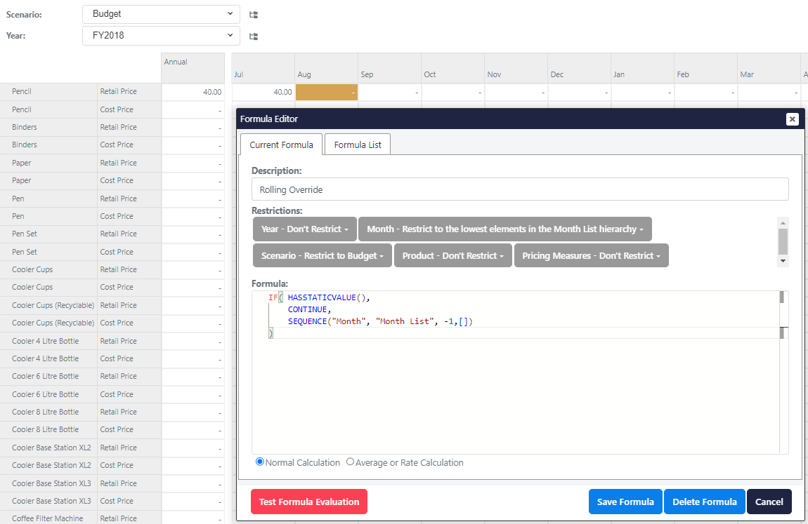 Retail Price Rolling Override